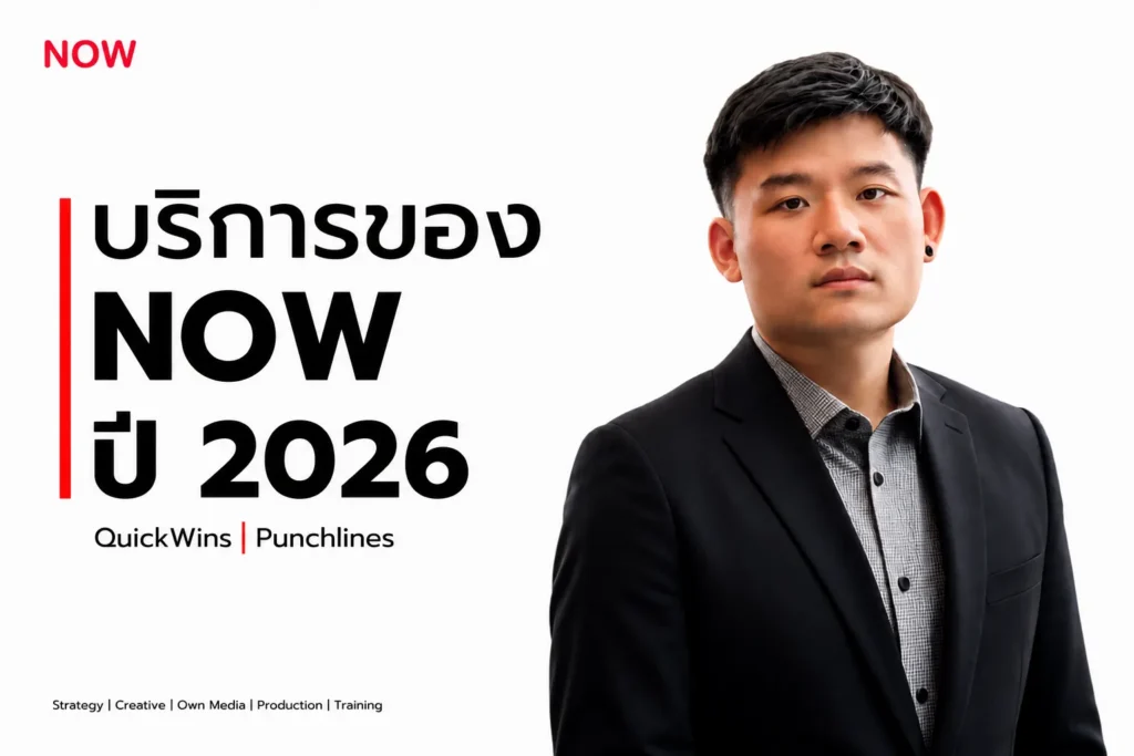 บริการของ NOW 24 7 ปี 2026 ตั้งแต่ Business Strategy, Branding, Social Media, Production, Website, CRM และ AI
